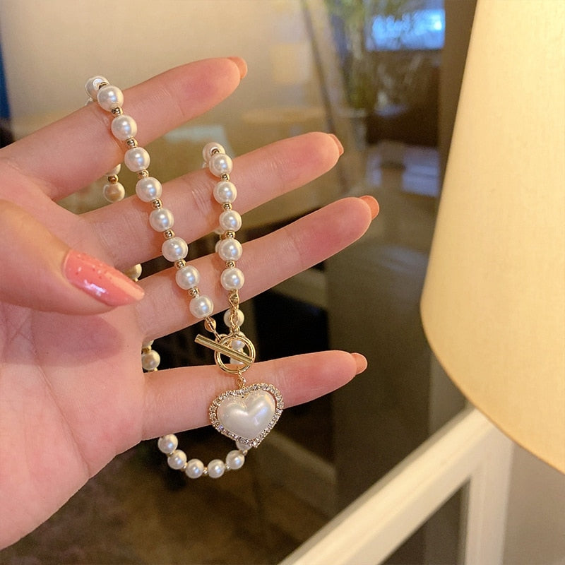 N5# 2022 New Arrival  Elegant Pearl Beads Necklace For Women Ladies Fashion Rhinestone Shell Heart Pendent Necklace Choker Jewelry