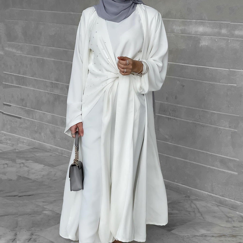 1516#2pcs Open Abaya Set Solid Color with Pearls Decoration Fashion Dress
