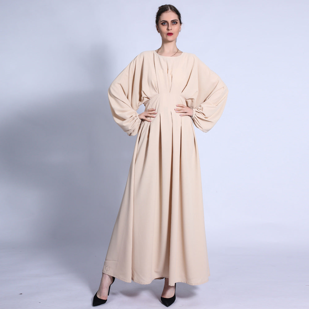G1306#New loose waist dress solid color with sleeves