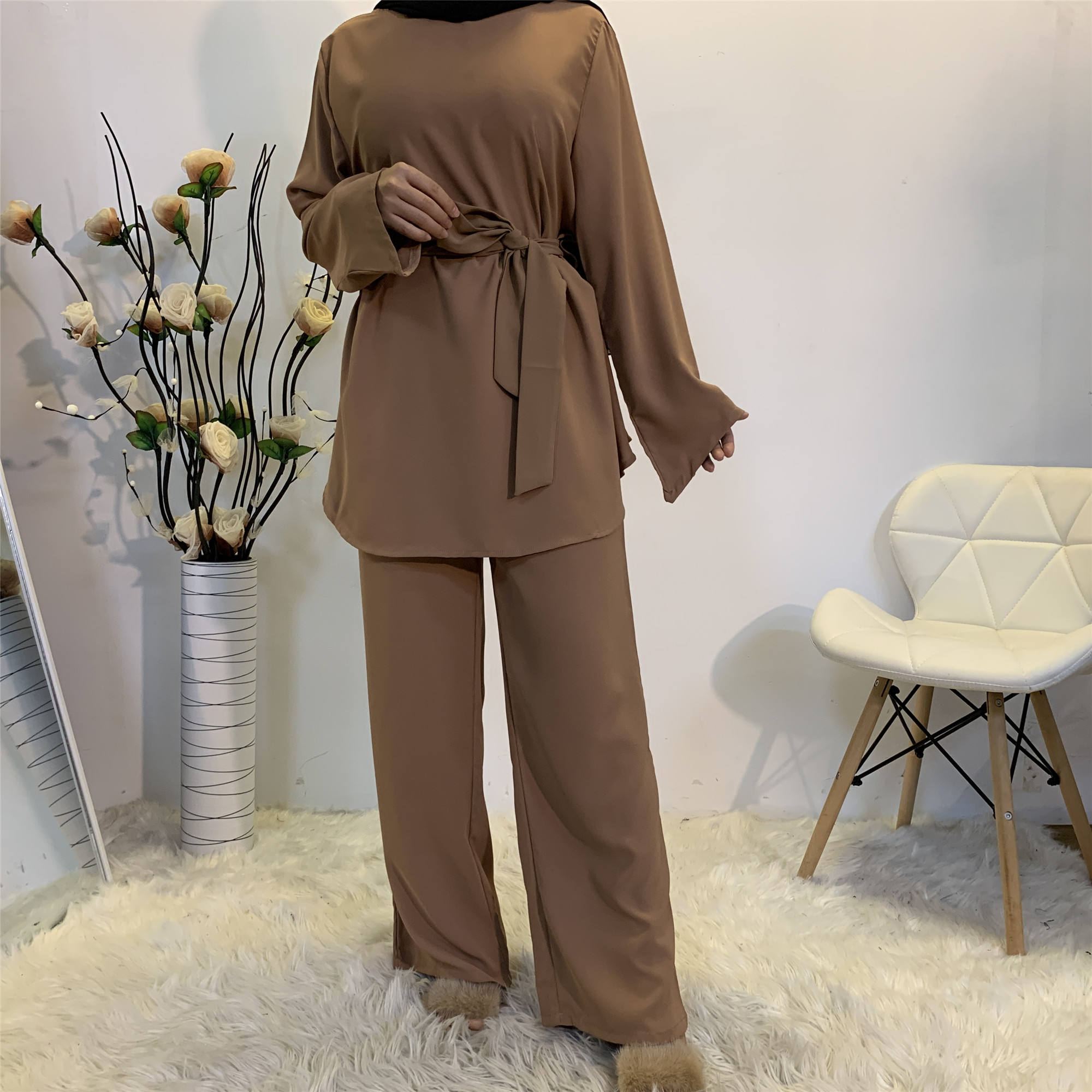 272#Two Pieces Set Simple Blouse And Loose Wide Leg Pant
