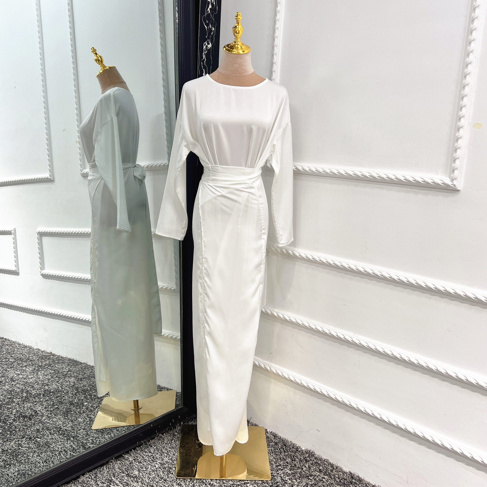 1505#Solid Color Islamic Clothing Modest Inner Dress with Two Long Ties