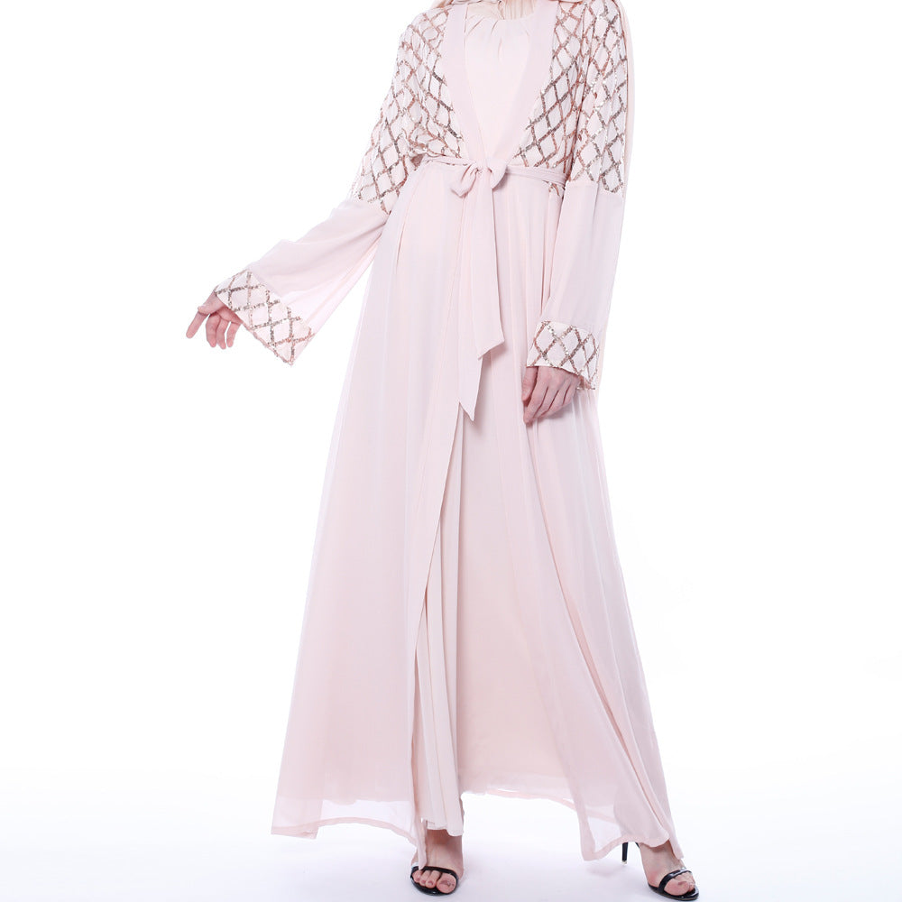 G9707#Muslim Women's Chiffon Cardigan Open Sequin Dubai Abaya