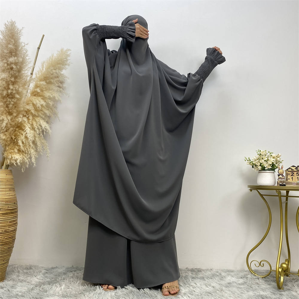 6608#Modest khimar hijab abaya premium quality 2 pcs sets frill elasticated cuff Jilbab_ prayer abayas