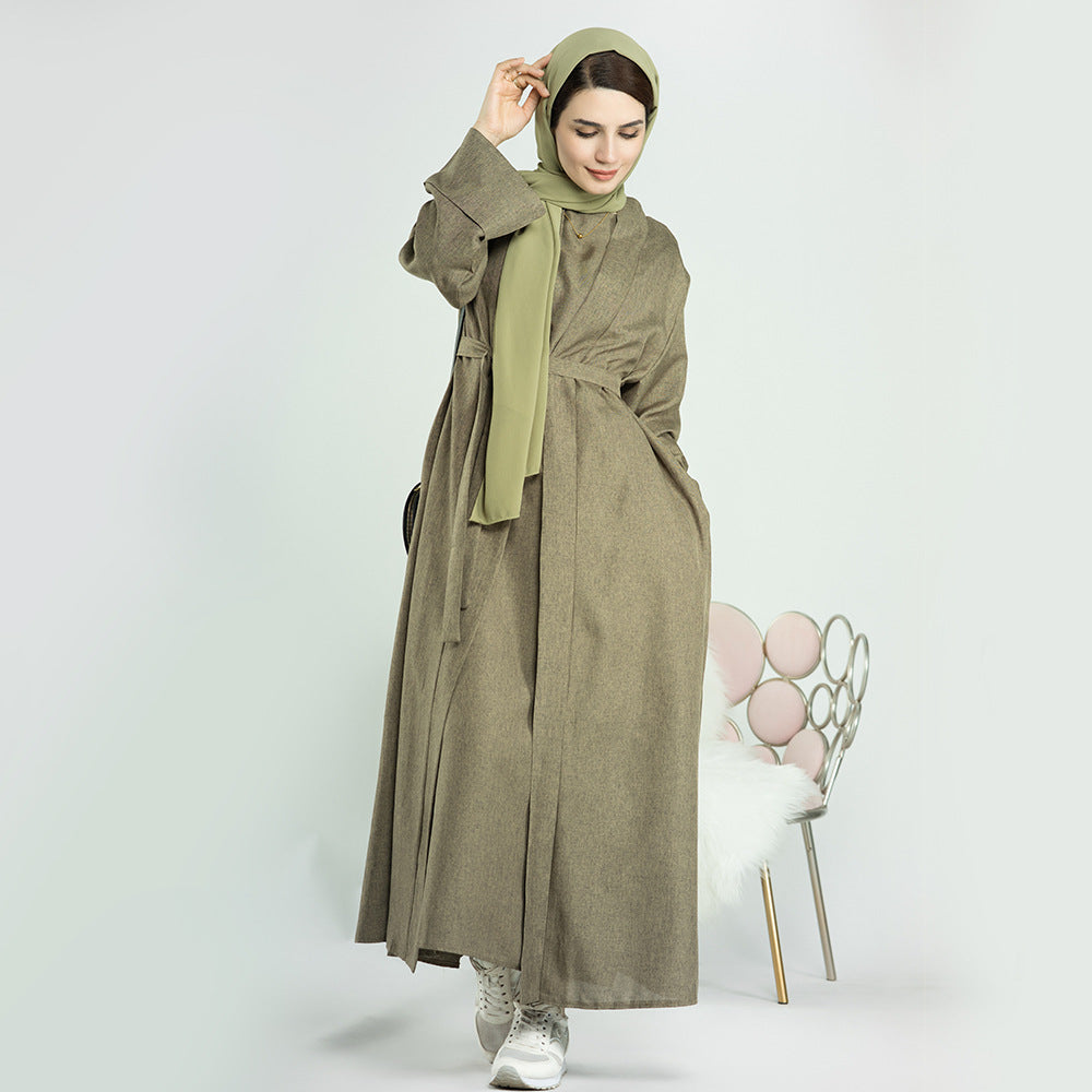 1573+1574#New EID Islamic Clothing Linen Solid Color Open Abaya