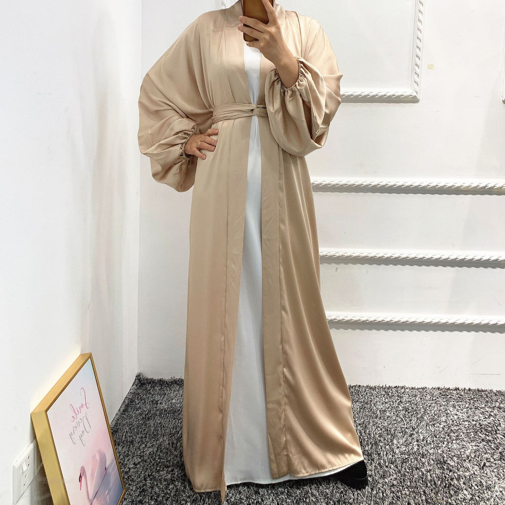 1431#Wholesale Dubai Satin Elegant Abaya Muslim Women Puff Sleeve Plus Size Abaya