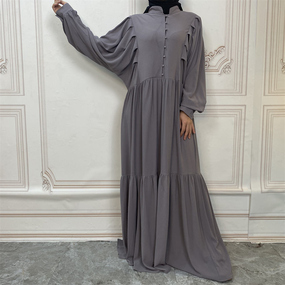 6633#New Solid Color High Quality Button Islamic Clothing Muslim Women Long Dress
