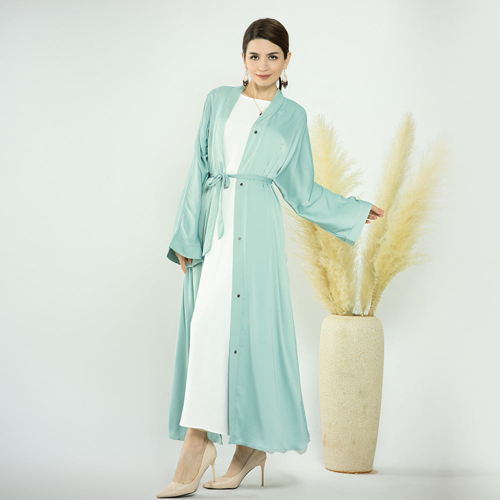 1582#Modest Dresses Solid Colors Satin Open Abaya with Side Pockets Muslim Girls Abaya