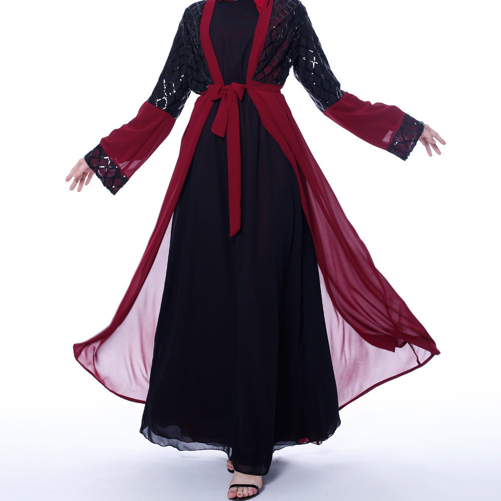 G9707#Muslim Women's Chiffon Cardigan Open Sequin Dubai Abaya