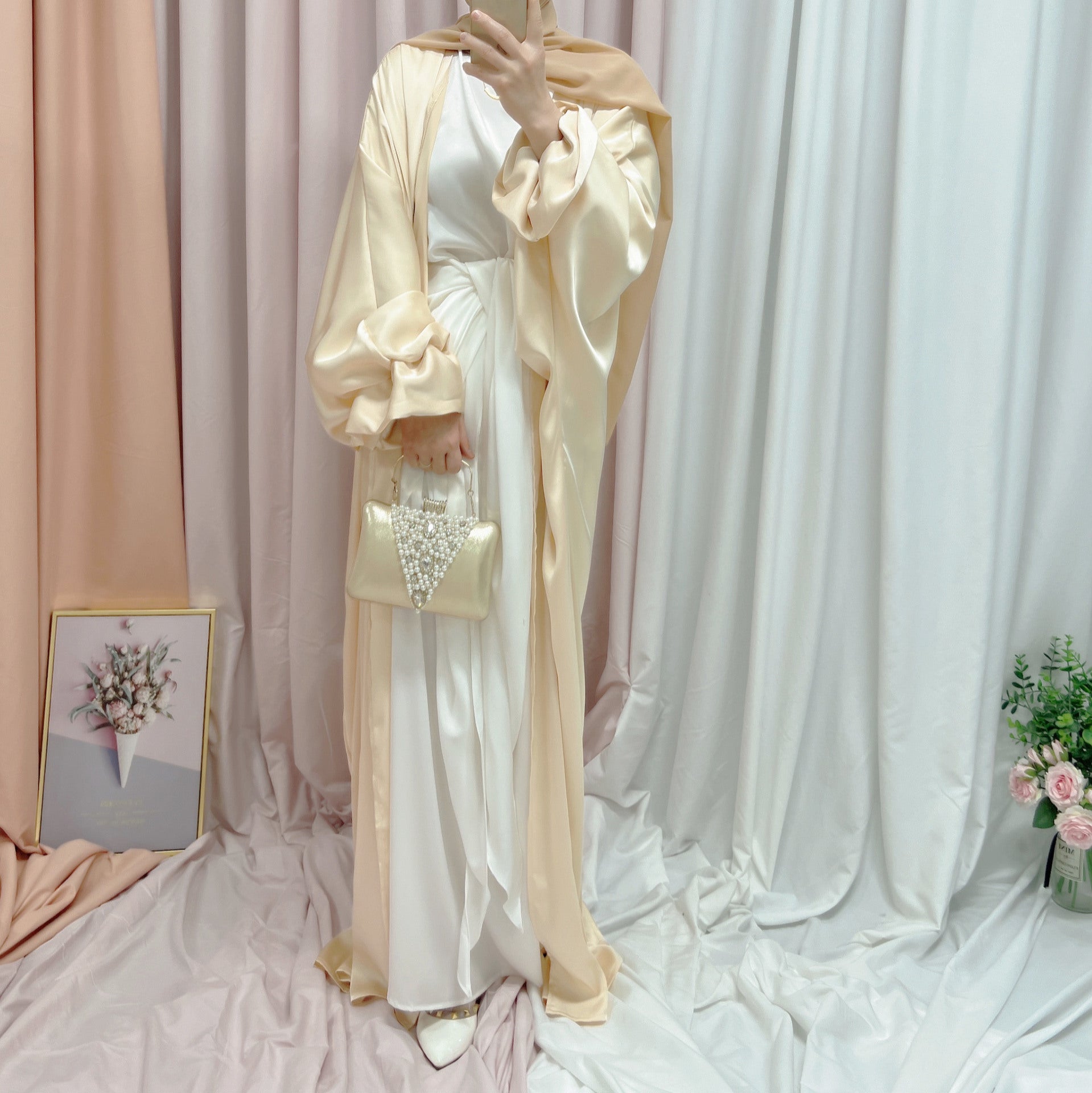 1490# Muslim Latest Open Abaya for EID Satin Kimono Abaya