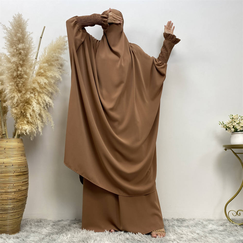 6608#Modest khimar hijab abaya premium quality 2 pcs sets frill elasticated cuff Jilbab_ prayer abayas