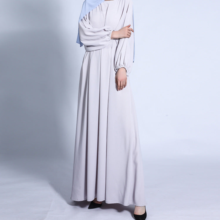 G1306#New loose waist dress solid color with sleeves