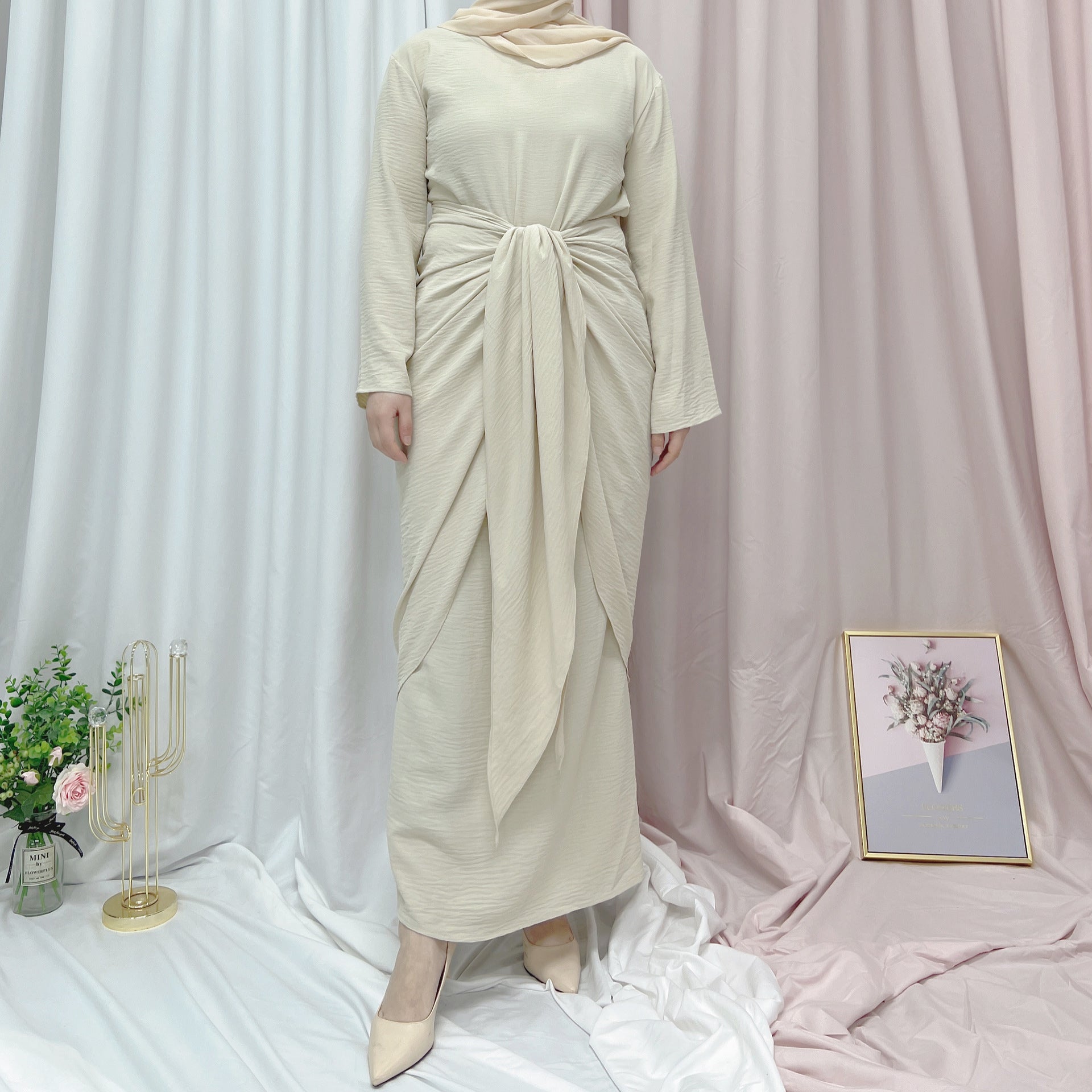 494#Wrinkle polyester muslim clothing 2pcs set long maxi abaya dress