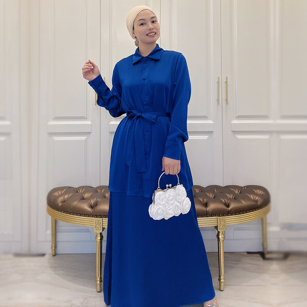 5A6F1#2pc muslim girls abaya set modern women satin blouse and skirt set