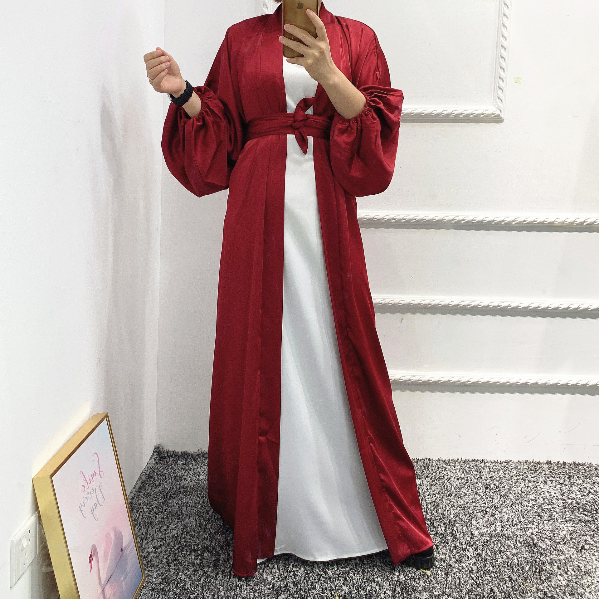 1431#Wholesale Dubai Satin Elegant Abaya Muslim Women Puff Sleeve Plus Size Abaya