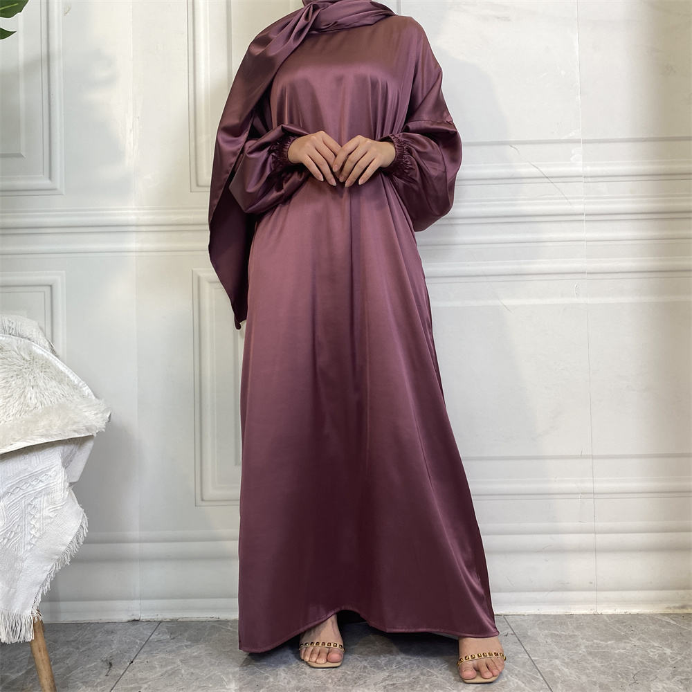 675#Satin Solid Color Luxury Attach Scarf  Islamic Long Dress