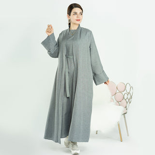 1573+1574#New EID Islamic Clothing Linen Solid Color Open Abaya