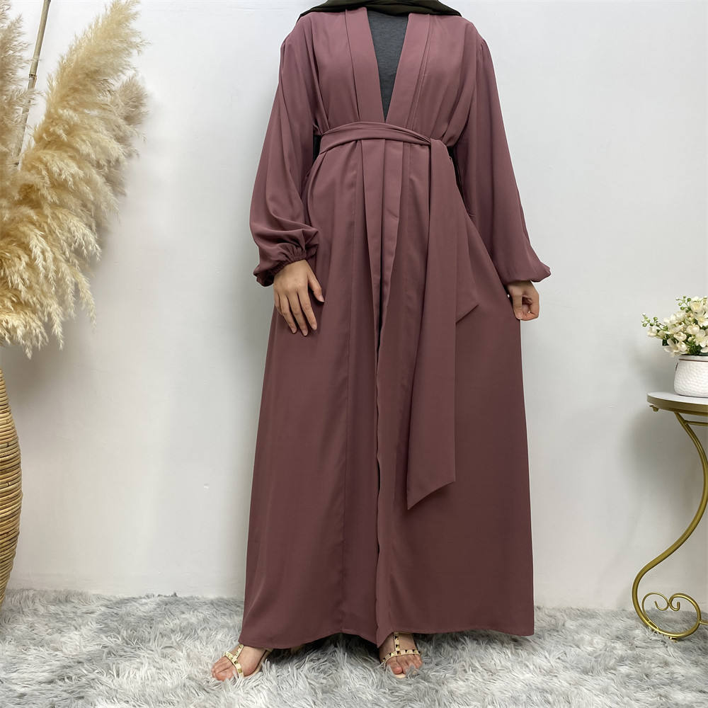 1876#Solid Color Elastic Cuff With Big Pockets Daily Casual Women Cardigan Abaya
