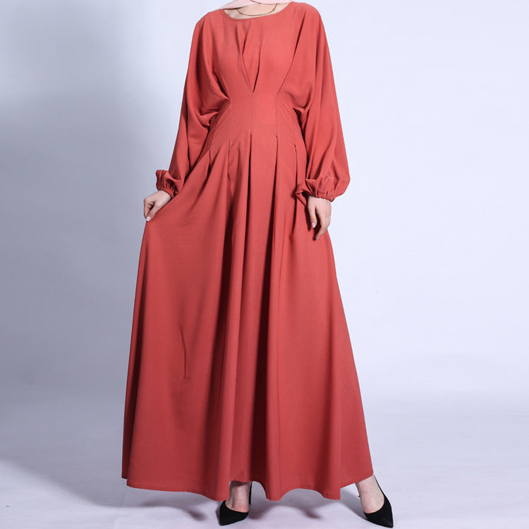 G1306#New loose waist dress solid color with sleeves
