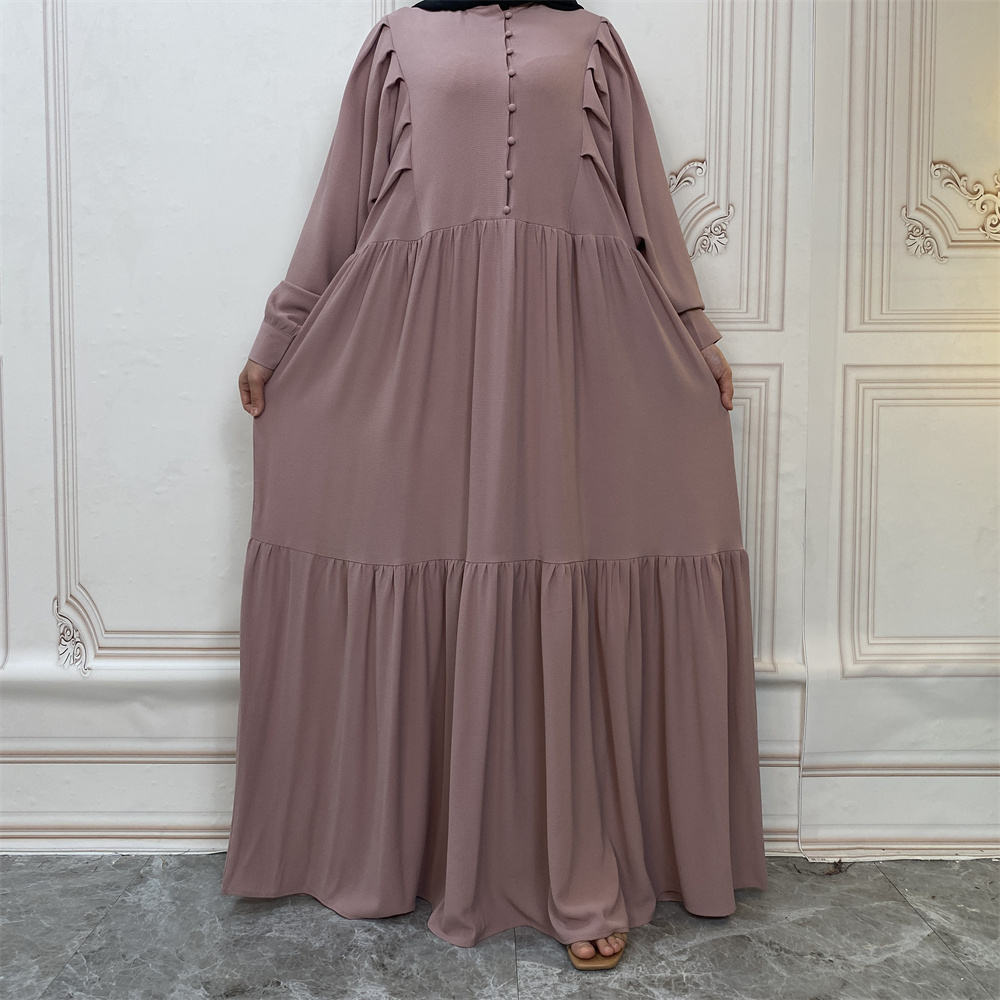 6633#New Solid Color High Quality Button Islamic Clothing Muslim Women Long Dress