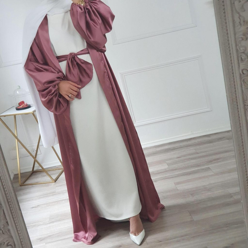 1431#Wholesale Dubai Satin Elegant Abaya Muslim Women Puff Sleeve Plus Size Abaya