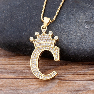 NM2# New Luxury Copper Zircon A-Z Crown Alphabet Pendant Chain Necklace Name Jewelry