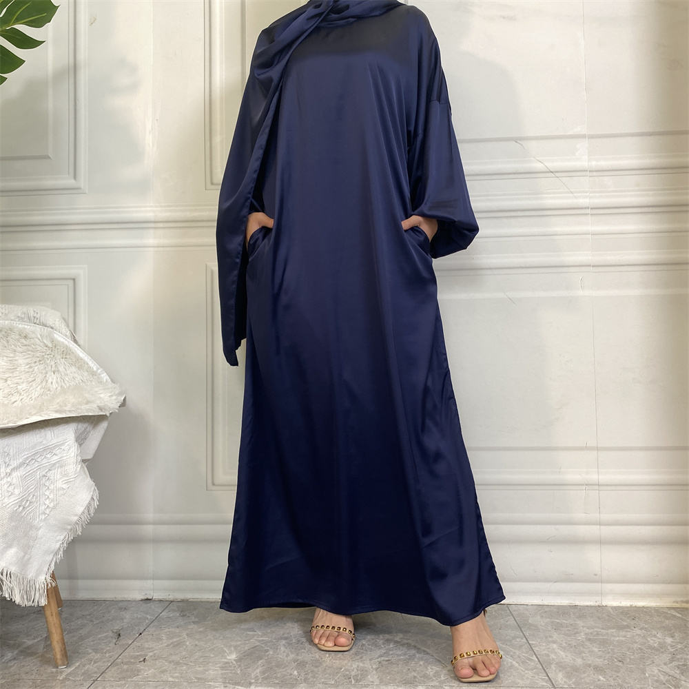 675#Satin Solid Color Luxury Attach Scarf  Islamic Long Dress