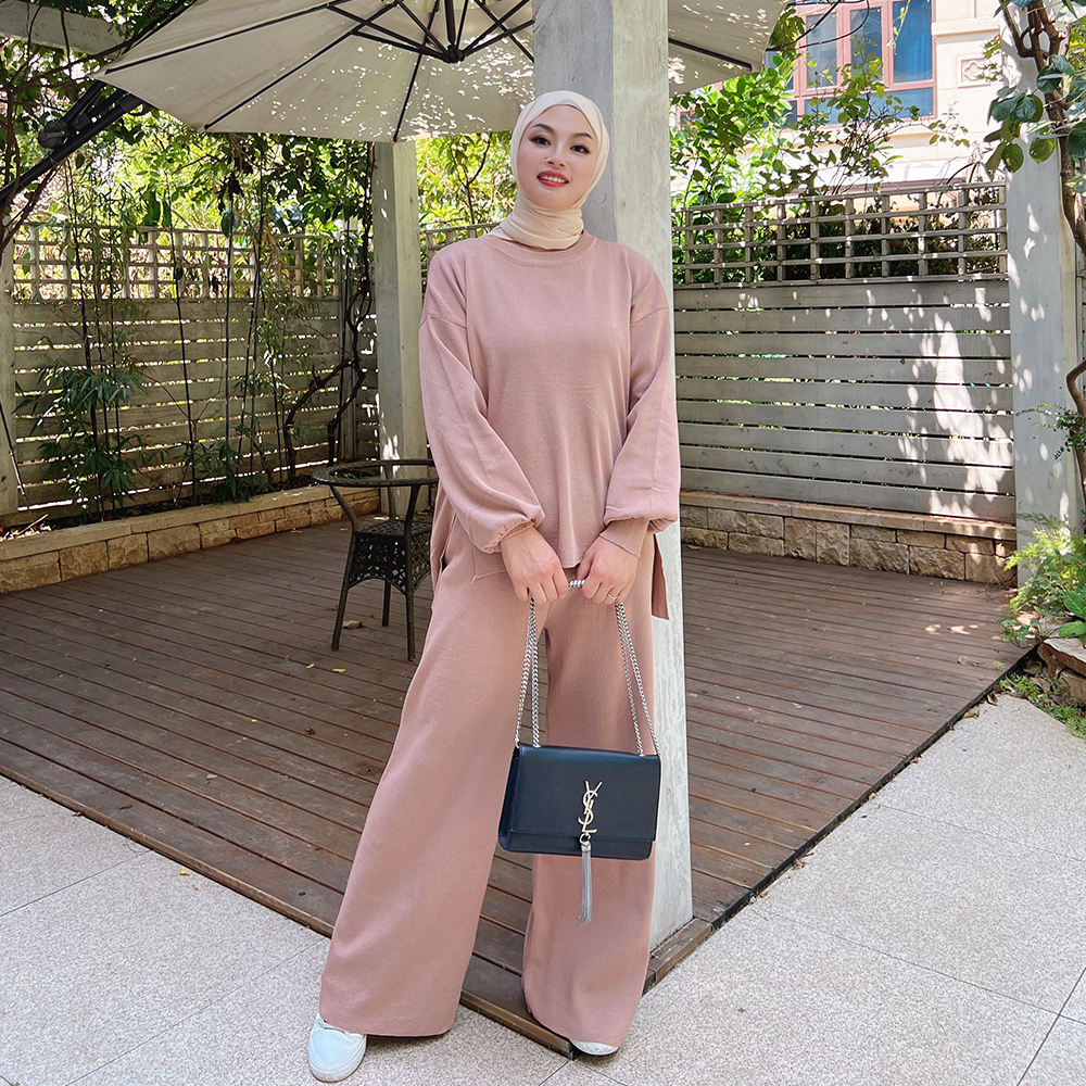 1535#Muslim Knitted Set Fall Winter Sweater and Pants Islamic Clothing Abaya