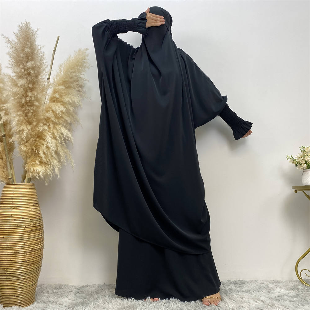 6608#Modest khimar hijab abaya premium quality 2 pcs sets frill elasticated cuff Jilbab_ prayer abayas