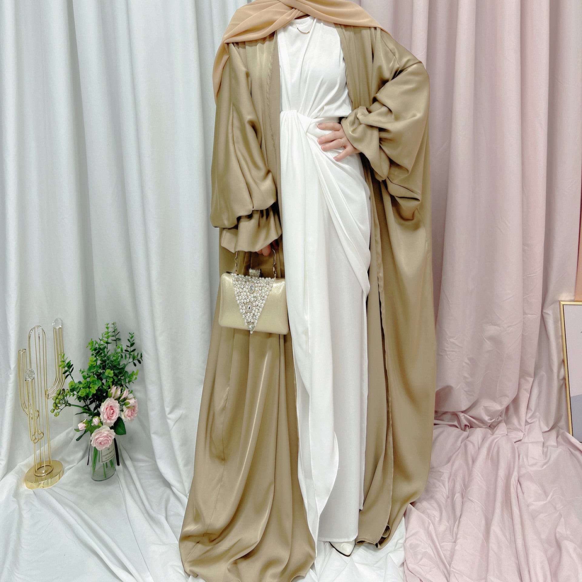 1490# Muslim Latest Open Abaya for EID Satin Kimono Abaya