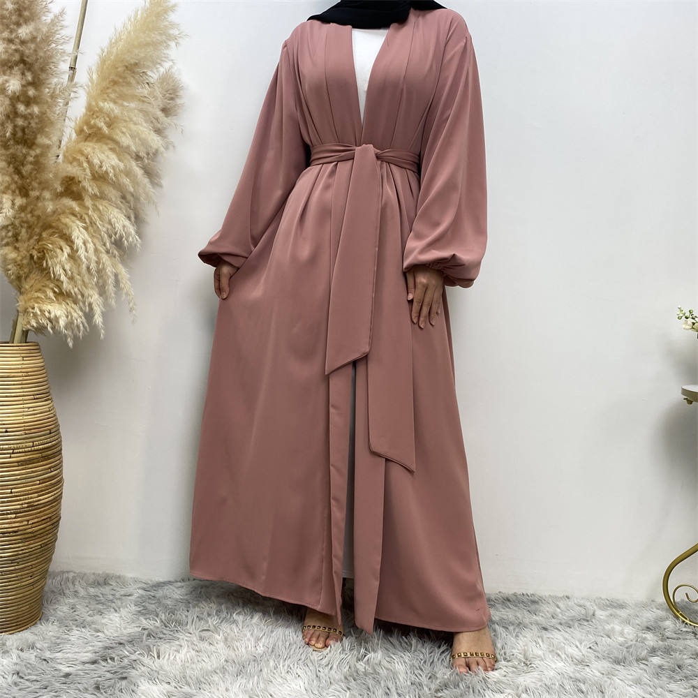 1876#Solid Color Elastic Cuff With Big Pockets Daily Casual Women Cardigan Abaya