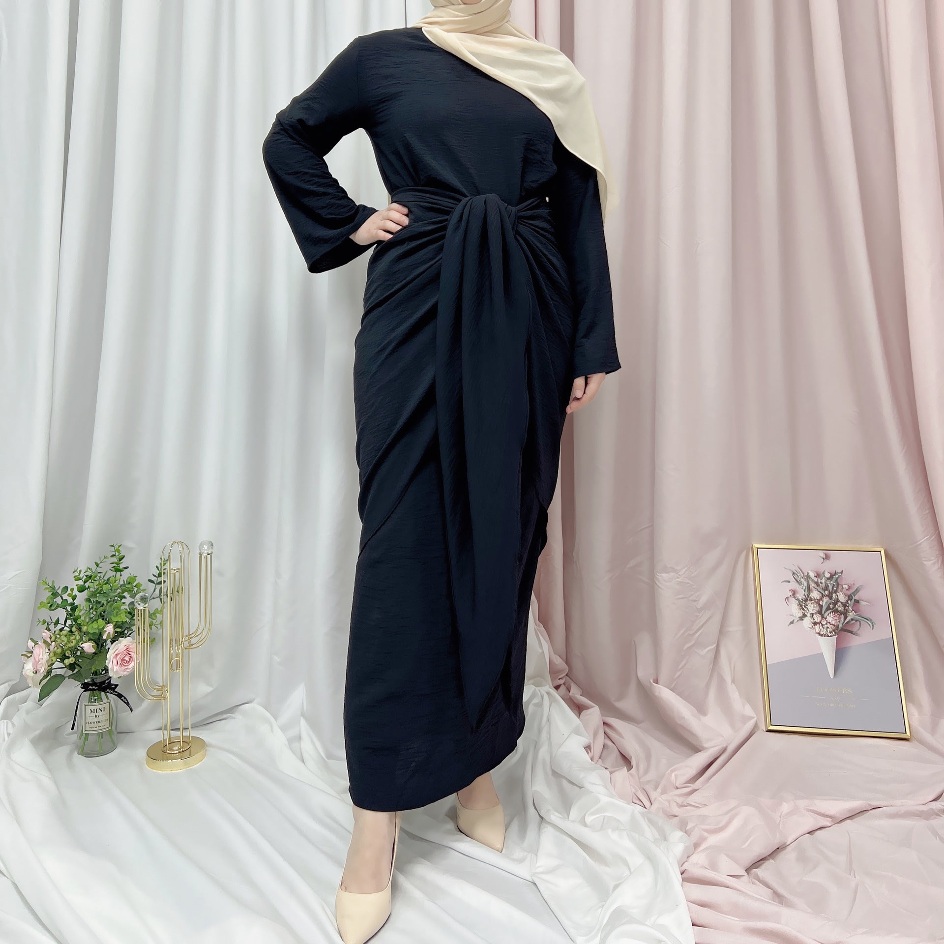494#Wrinkle polyester muslim clothing 2pcs set long maxi abaya dress