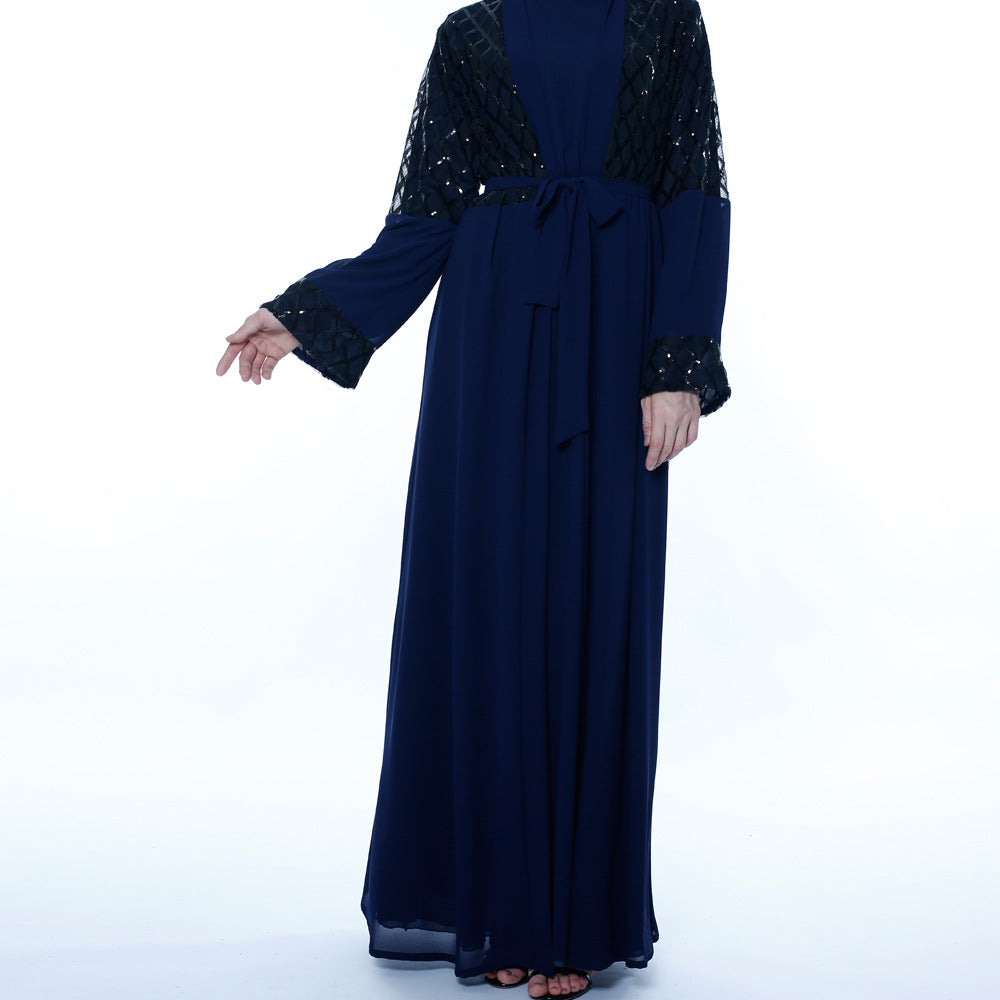 G9707#Muslim Women's Chiffon Cardigan Open Sequin Dubai Abaya
