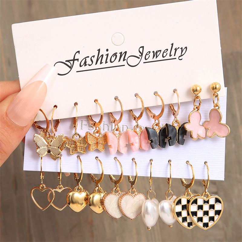 E11# Pearl Earrings Set Earring Fashion Metal Gold Plated Heart Jewelry