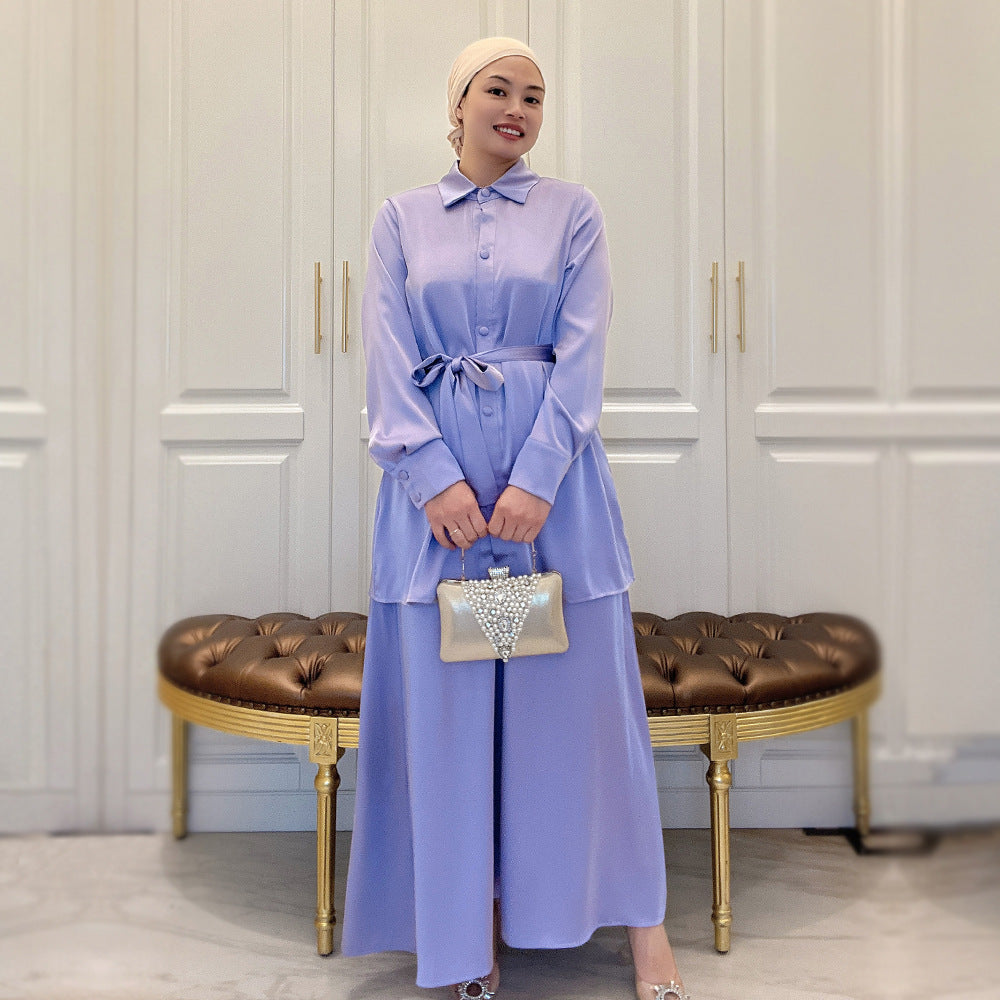 5A6F1#2pc muslim girls abaya set modern women satin blouse and skirt set
