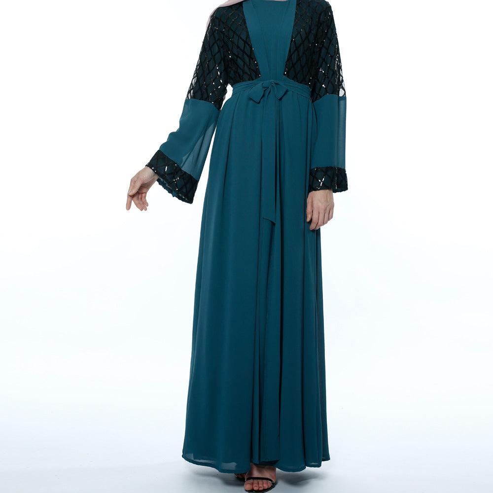 G9707#Muslim Women's Chiffon Cardigan Open Sequin Dubai Abaya