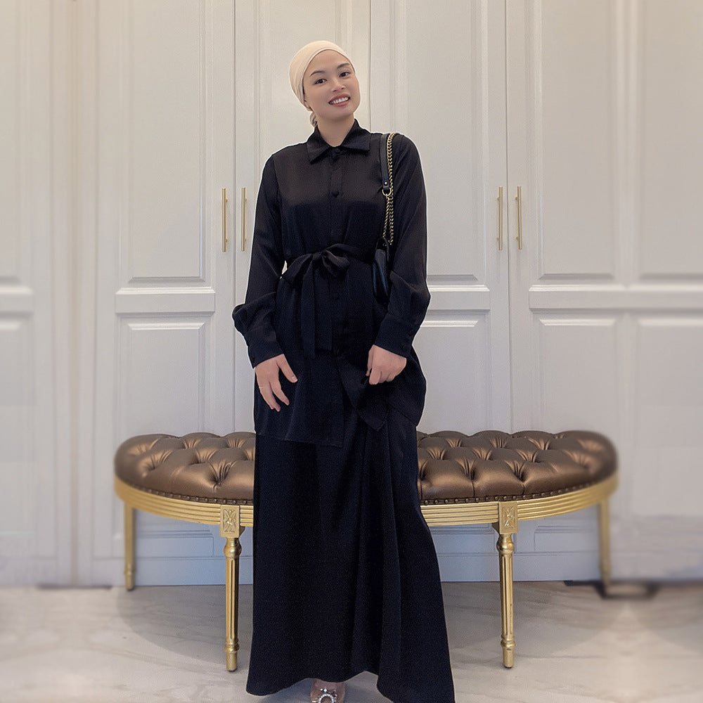 5A6F1#2pc muslim girls abaya set modern women satin blouse and skirt set