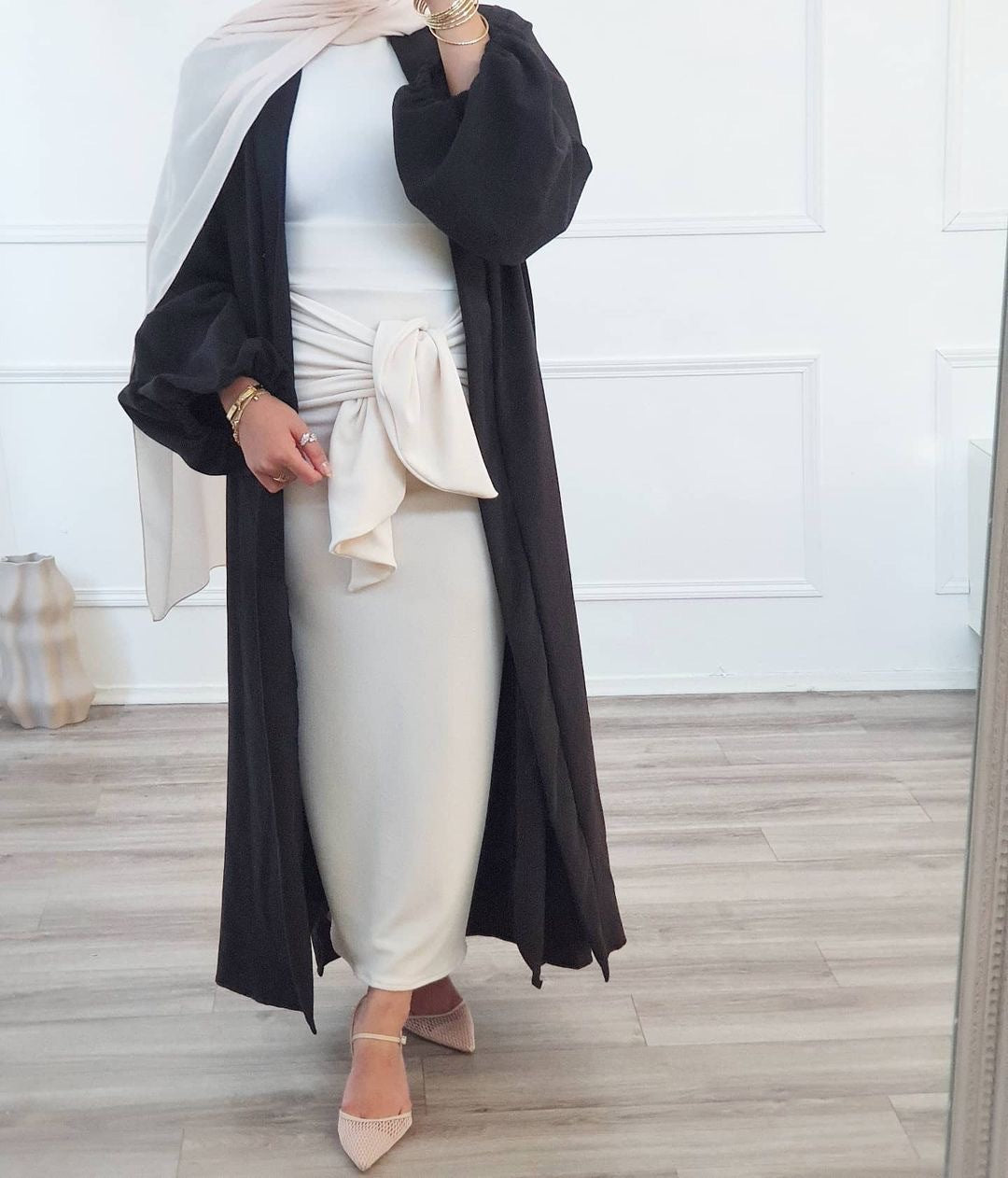1431#Wholesale Dubai Satin Elegant Abaya Muslim Women Puff Sleeve Plus Size Abaya