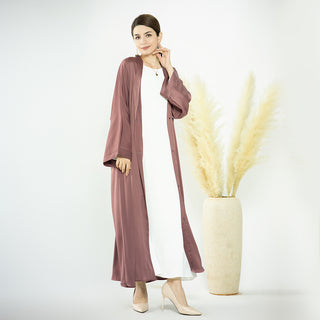 1582#Modest Dresses Solid Colors Satin Open Abaya with Side Pockets Muslim Girls Abaya