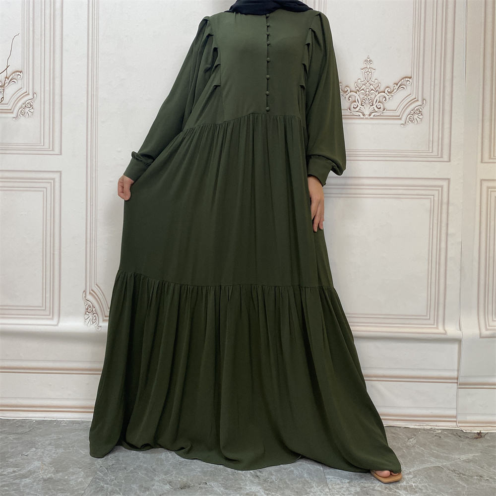 6633#New Solid Color High Quality Button Islamic Clothing Muslim Women Long Dress