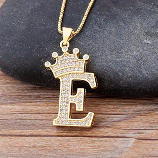 NM2# New Luxury Copper Zircon A-Z Crown Alphabet Pendant Chain Necklace Name Jewelry