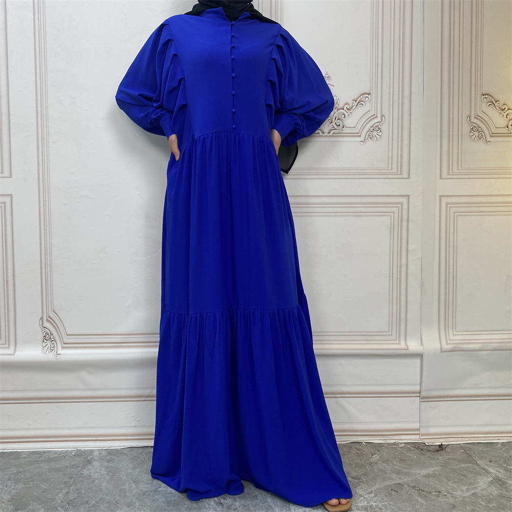 6633#New Solid Color High Quality Button Islamic Clothing Muslim Women Long Dress
