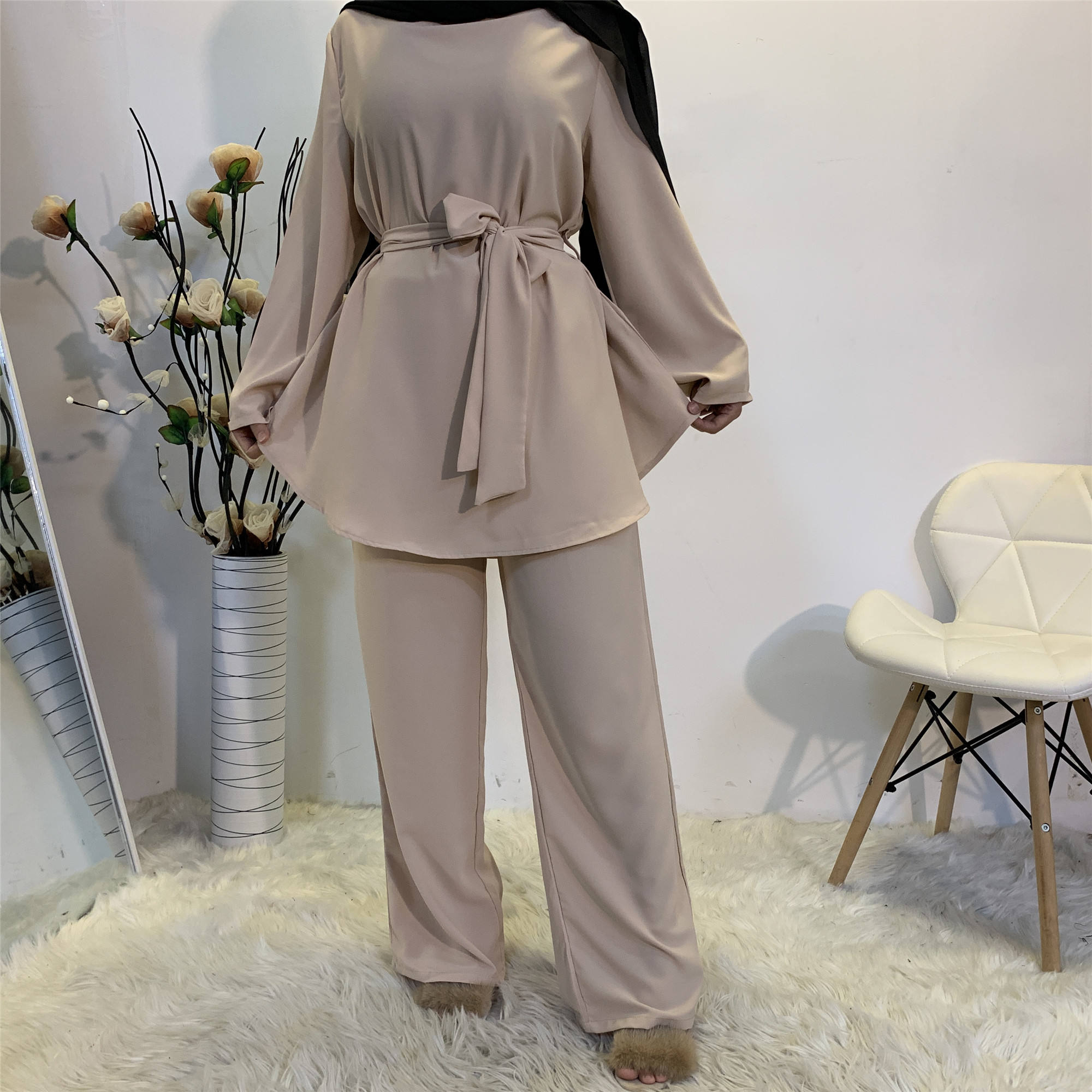 272#Two Pieces Set Simple Blouse And Loose Wide Leg Pant