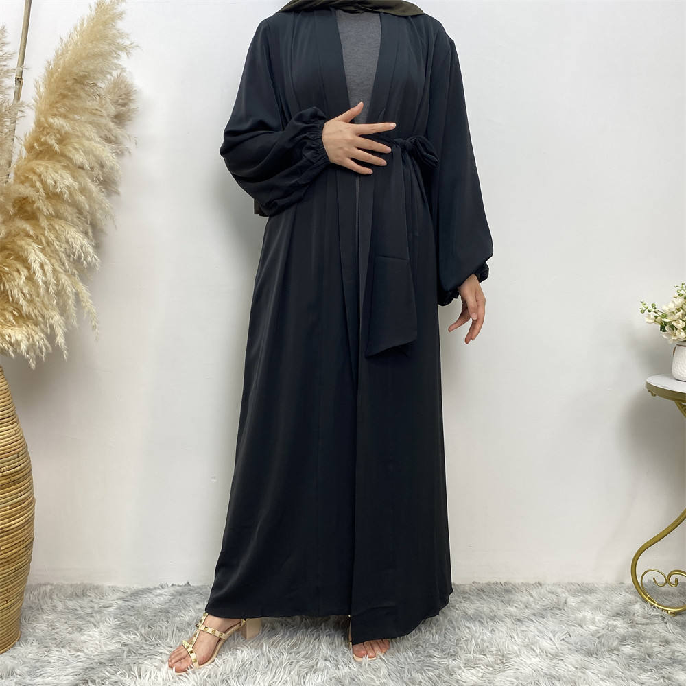 1876#Solid Color Elastic Cuff With Big Pockets Daily Casual Women Cardigan Abaya