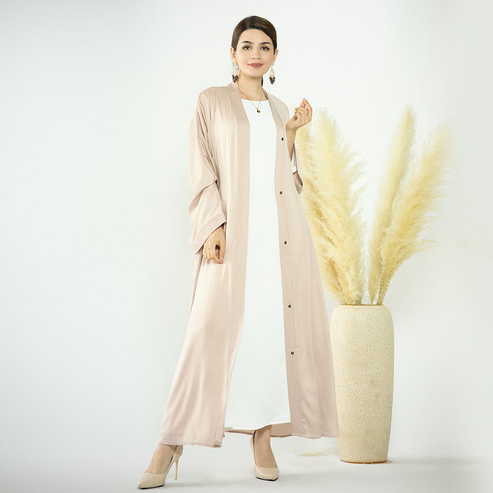 1582#Modest Dresses Solid Colors Satin Open Abaya with Side Pockets Muslim Girls Abaya