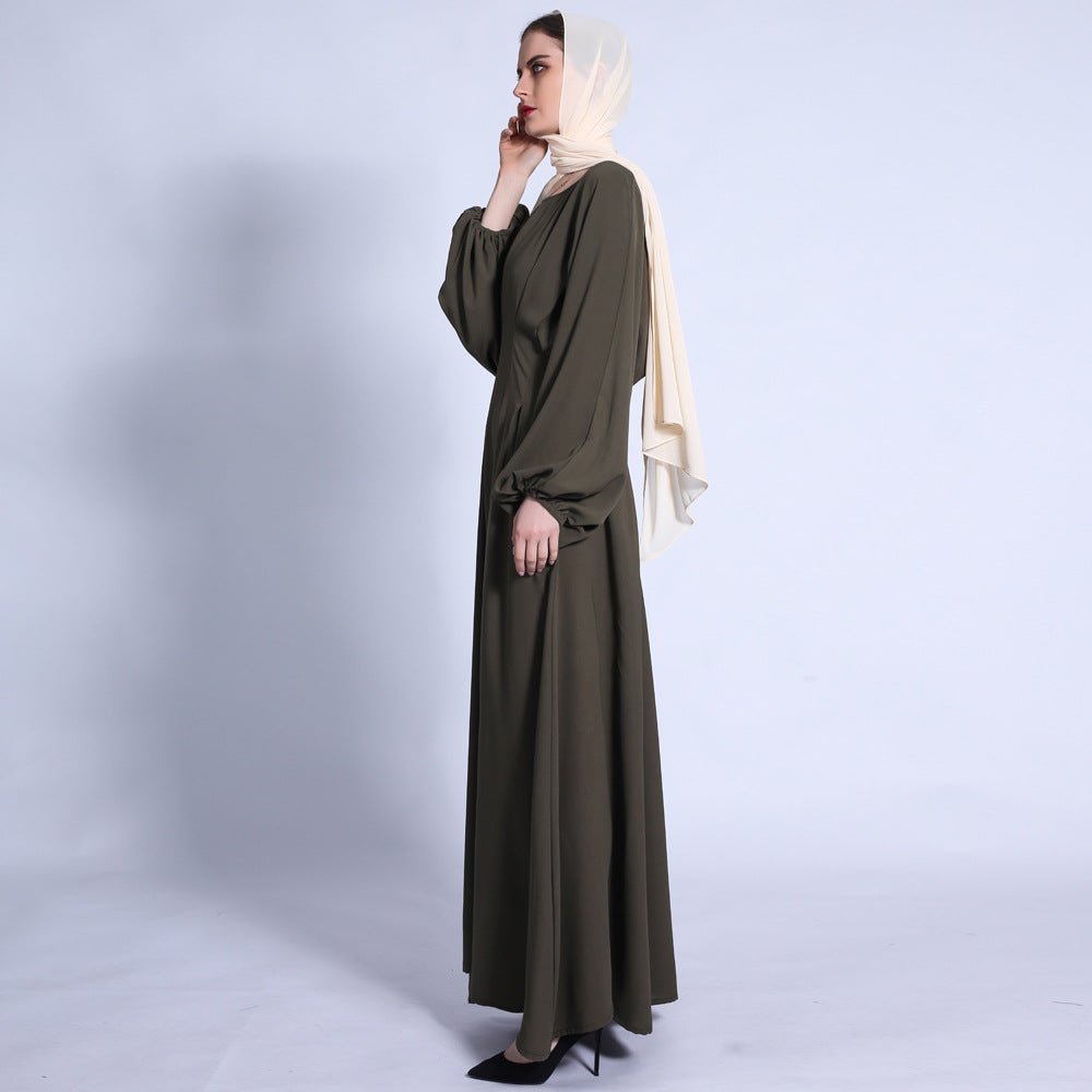 G1306#New loose waist dress solid color with sleeves