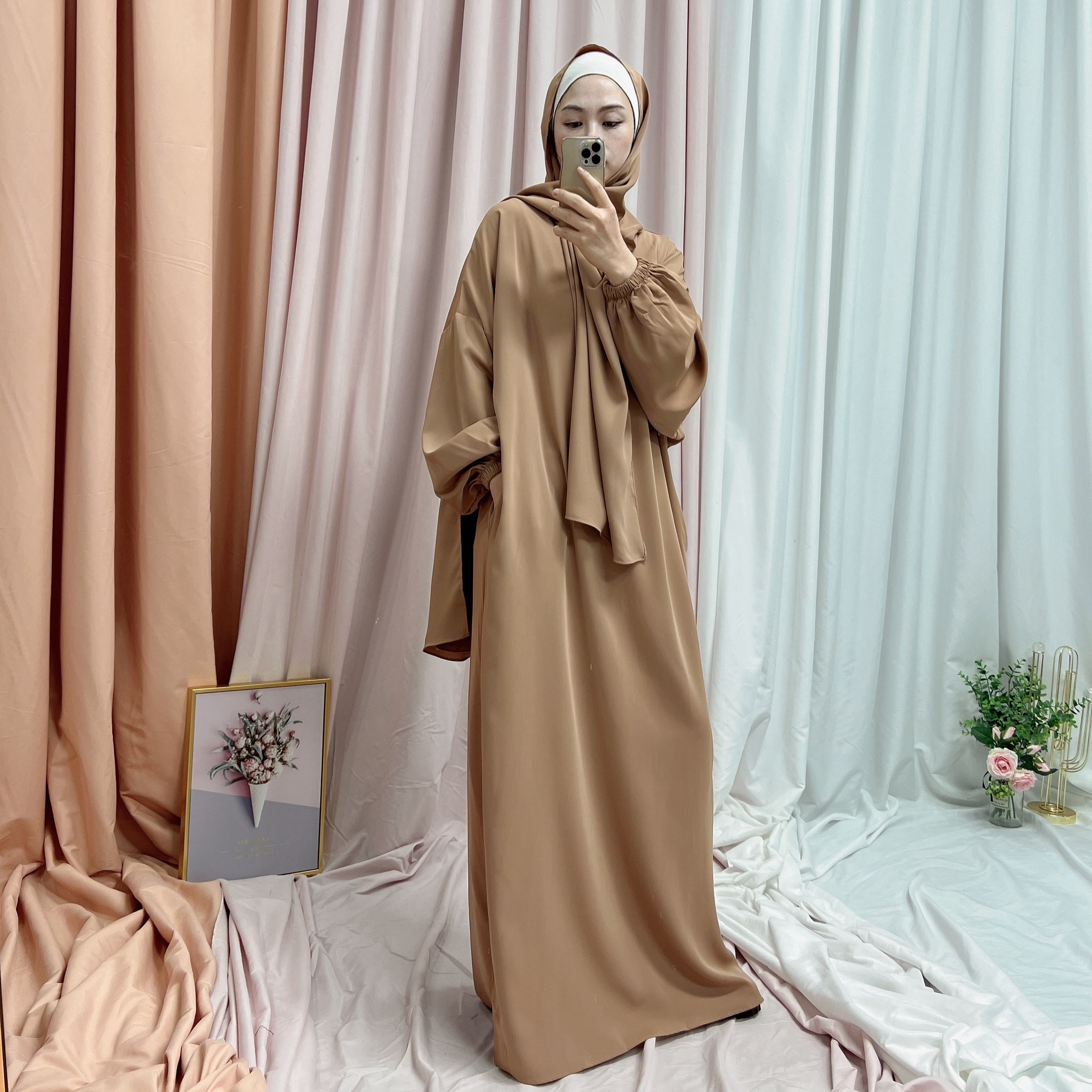 1499#EID Muslim Clothing Nida Prayer Dress Women Abaya With Attached Hijab