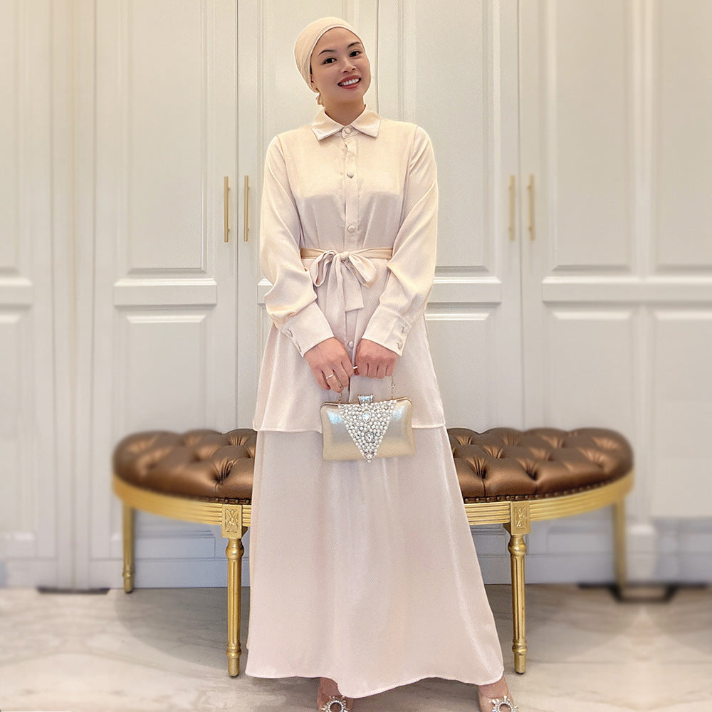 5A6F1#2pc muslim girls abaya set modern women satin blouse and skirt set