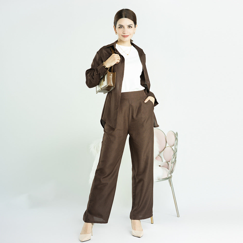1604#+1605# Ramadan Design Islamic Clothing Linen Fabric Turkey Abaya Set Top and Pant 2PCS Set