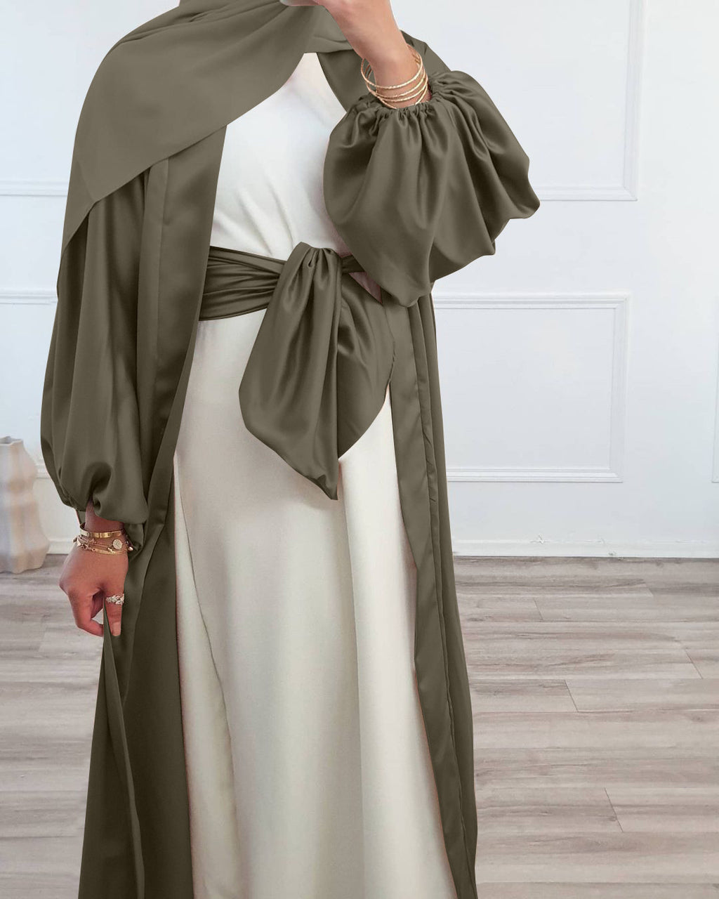 1431#Wholesale Dubai Satin Elegant Abaya Muslim Women Puff Sleeve Plus Size Abaya