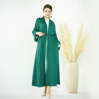 1582#Modest Dresses Solid Colors Satin Open Abaya with Side Pockets Muslim Girls Abaya